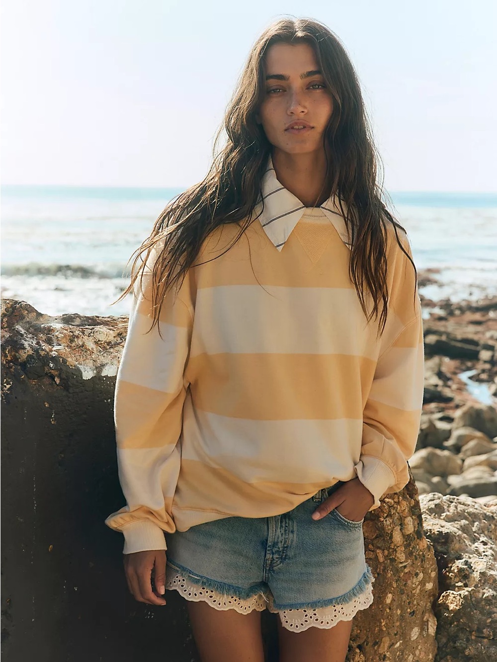 NWT FREE PEOPLE WE THE FREE Classic Striped Oversized Crewneck | Apricot Combo
